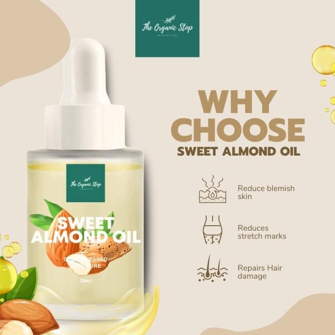 

theorganicstop sweet almond oil face & hair oil cold pressed pure 30ml termurah