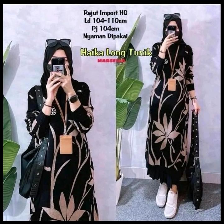 New Product Long Tunik Rajut Import Motif Flower Muslim Wanita Atasan Panjang