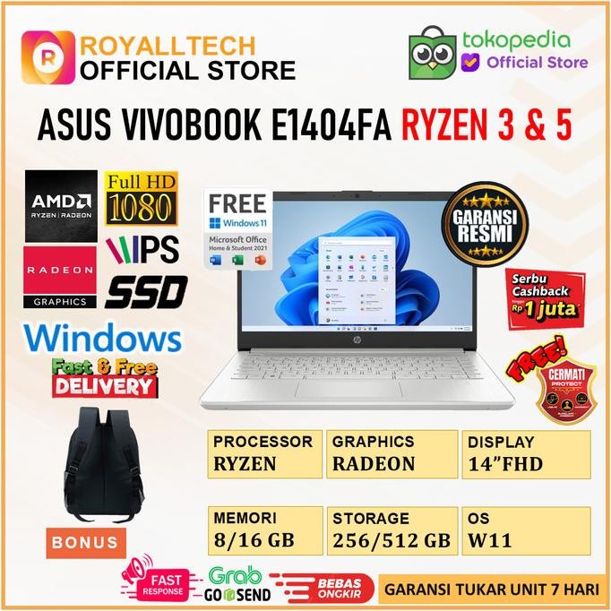 Asus Vivobook E1404Fa Ryzen 3 7320 Ryzen 5 7520 8Gb 512Ssd Ohs 14.0Fhd Ips