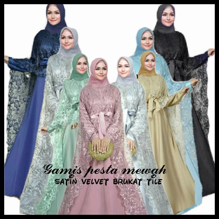 Arelina Hitam Gamis Pesta Premium Satin Brokat Tile Ami Ktf Best Seller