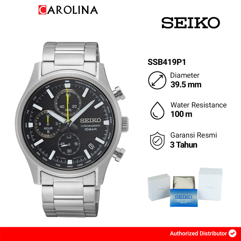 Jam Tangan Pria SEIKO Chronograph SSB419P1 Black Dial Stainless Steel Strap