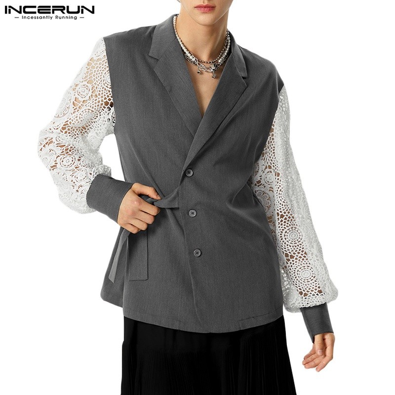 INCERUN Blazer Kasual Pria Bertali Potongan Renda Antik |ED50983C|