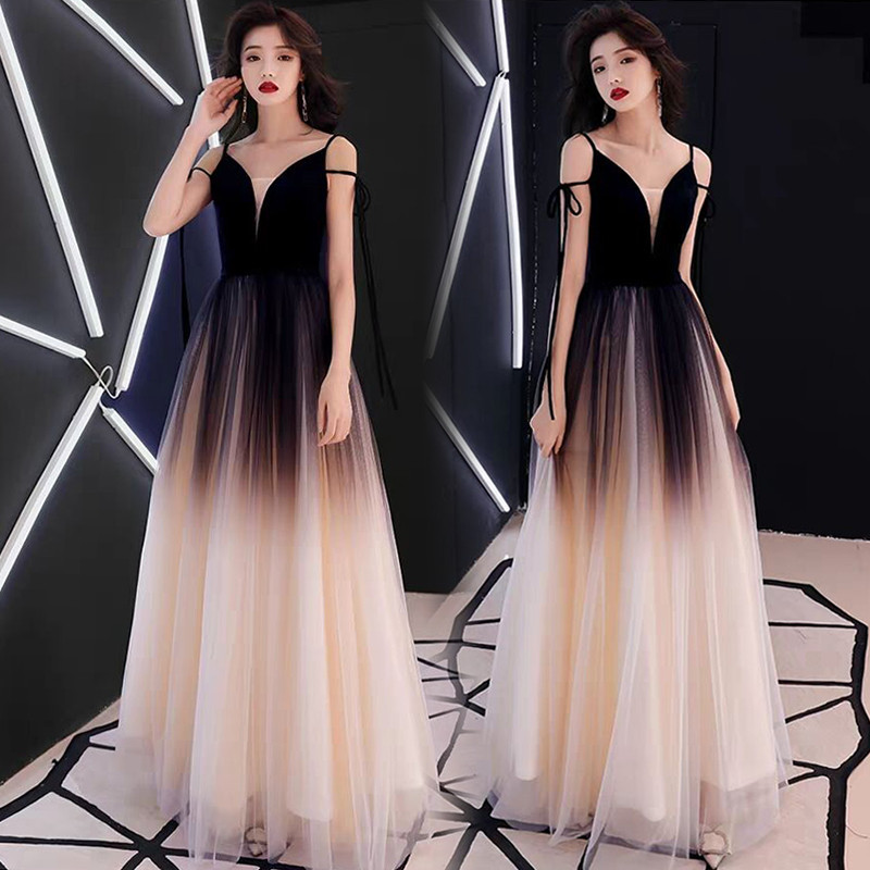 Gaun 202501 Gaun Malam Gaun Wanita Gaun Hitam Langit Berbintang Gradien Elegan