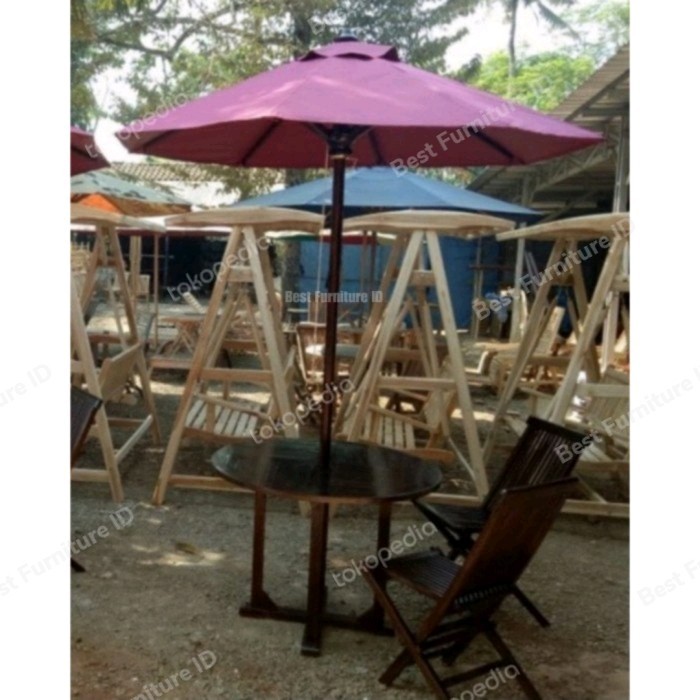 MEJA KURSI JATI PAYUNG TAMAN MINIMALIS CAFE DIAMETER 80 CM