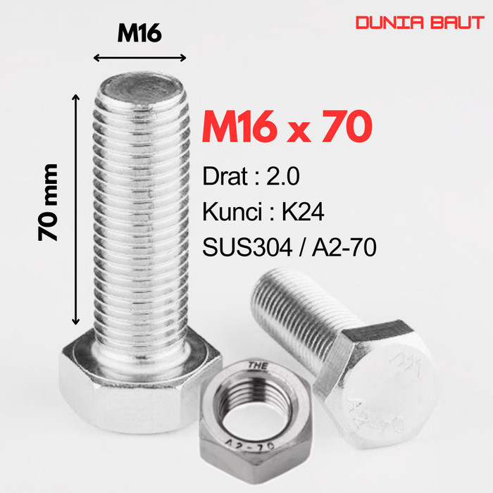 Baut Hex Stainless M16X70 - Baut Hexagon 16X70 / M16 X 70 / 16 X 70  SS304 / SUS304 / A2-70 Full Dra