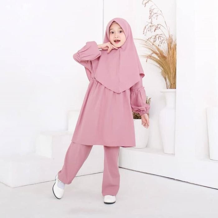 BAJU STELAN HARIAN CASUAL CEWEK ANAK FASHION MUSLIM FREE HIJAB USIA 8-12 TAHUN PAKAIAN LEBARAN ANAK