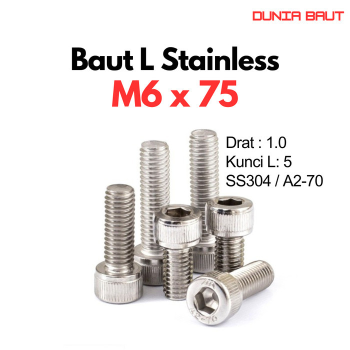 Baut L Stainless M6X75 / 6X75 / M6 X 75 / 6 X 75 Full Drat SS304 / SUS304 / A2-70