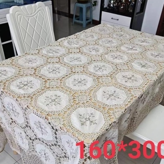 taplak meja makan kain katun rajut sulam pita kursi10-12 persegi