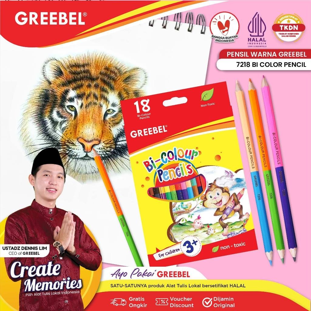 

GREEBEL Pensil Warna / Pensil Warna Panjang 36/18PCS Warna Warni / Greebel 7218 Bi Color Pencil