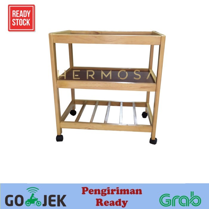 Meja Rak Dorong Tv Dispenser 3 Susun Tahap Roda Kayu