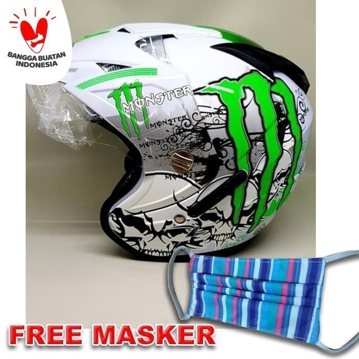 HELM HELMET HELEM DOUBLE VISOR BXP MOTIF MONSTER PUTIH HIJAU