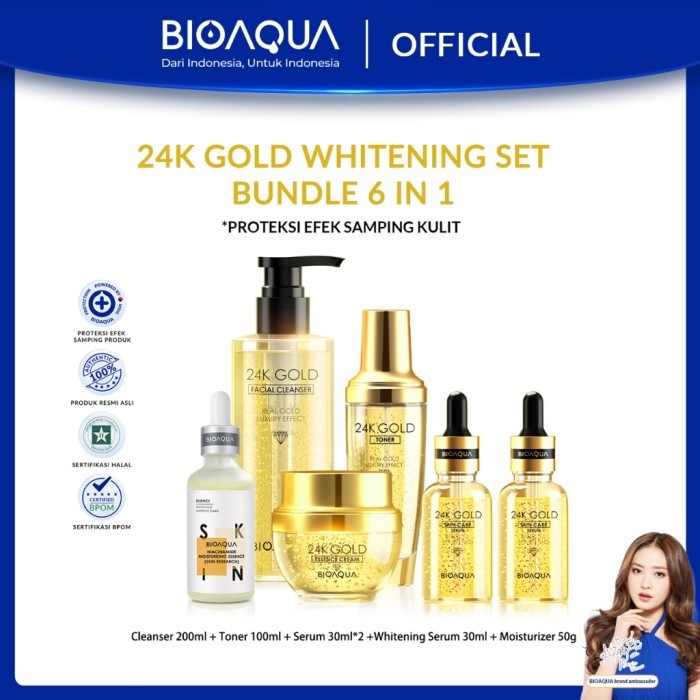 TERLARIS BIOAQUA 24K GOLD SKINCARE PAKET ANTI AGING SET WITH BRIGHTENING SERUM WAJAH ESSENCE / DAY &