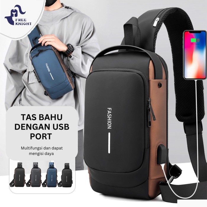 Freeknight Tas Selempang Pria Usb Charger Sling Bag Fashion Ts717