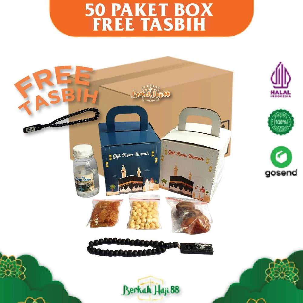 

zoe paket hemat oleh oleh haji dan umroh dus box gratis tasbih kayu per 50 pcs