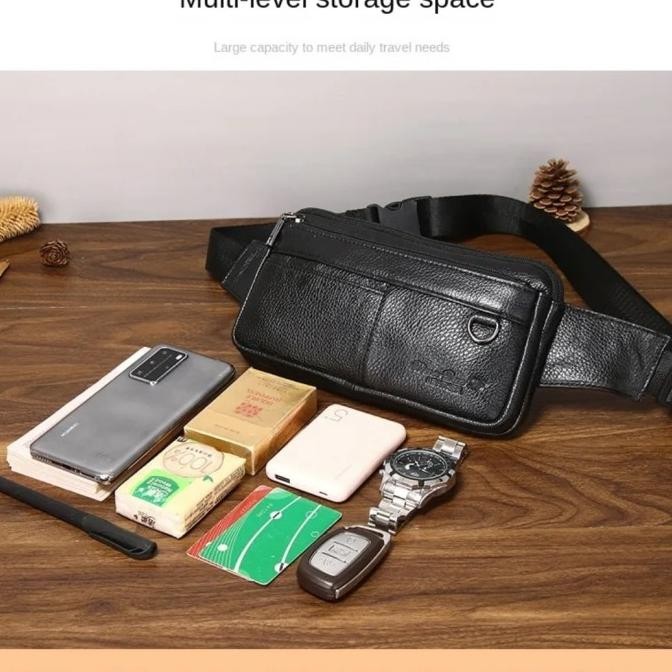 Tas Pinggang Pria Kulit Asli Import, Tas Selempang Dada Pria Kulit Sapi, Tas Hp, Tas Waistbag Pria I