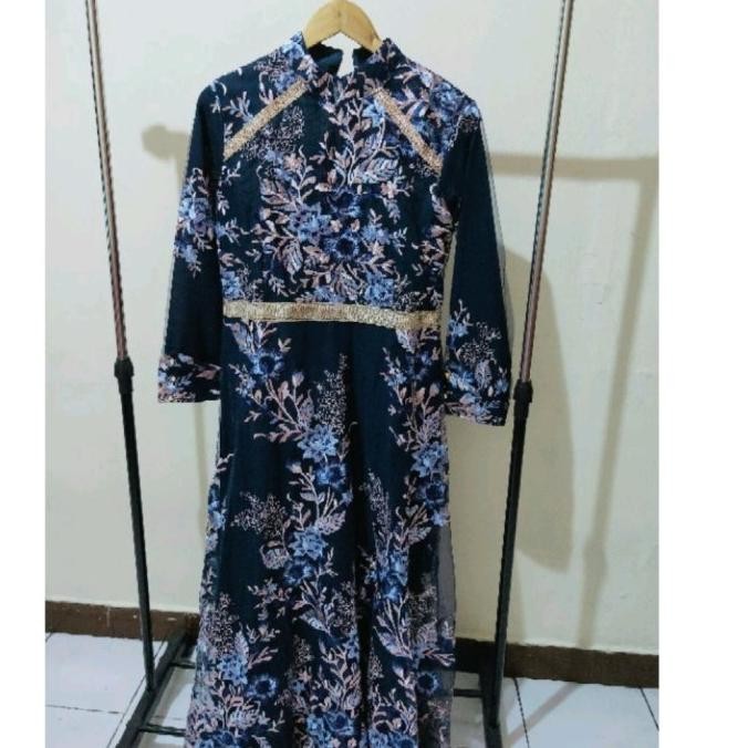 Gamis Muslim Wanita Pesta Mewah Bordir Brukat Biru Dongker Shanghai Calliasaleilani