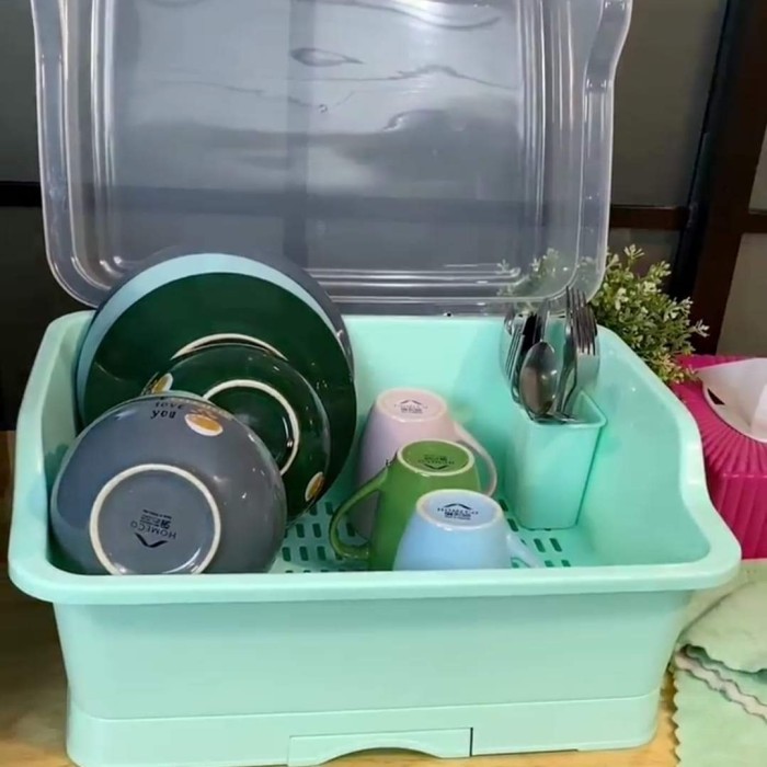 NEW Rak Piring Plastik Dengan Tutup Tempat Piring Cucian Wastafel