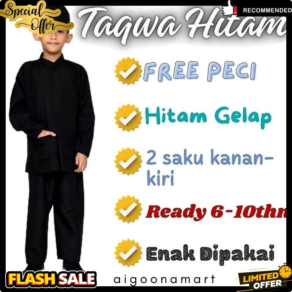 Stelan Taqwa Koko Anak Laki Terbaru Baju Muslim Lengan Panjang Katun Warna Hitam Untuk Ngaji Diskon 