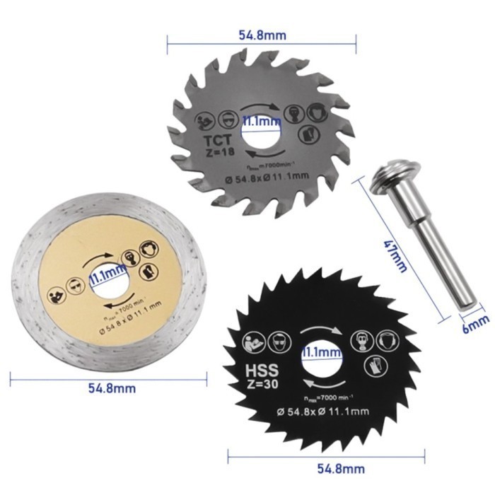 populer] CIRCULAR SAW MINI 2 INCH SET 4pcs 3 MODEL MATA + 1 BATANG AS 6MM MATA GERGAJI CIRCULAR MINI