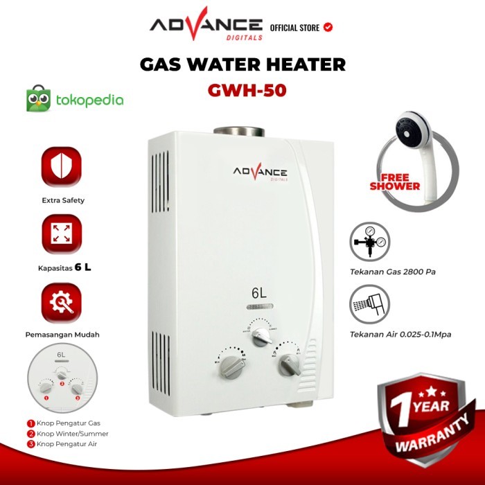 TERBARU Water Heater Advance GWH50 Gas Pemanas Air Kamar Mandi Gas