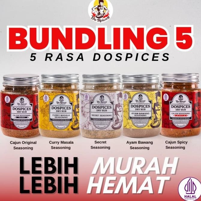 

Dospices [Paket Bundling 5 varian] Healthy Dry Rub Bumbu Marinasi Rendah Kalori 100% rempah-rempah NO MSG bumbu masak | Ayam Bawang Seasoning | cajun seasoning | secret seasoning | curry masala seasoning 2201