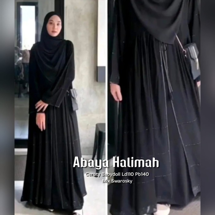 Terbaru Baju Gamis Wanita Muslim Abaya Halimah Ceruti Polos Payet Cantik Black Hitam Fashion