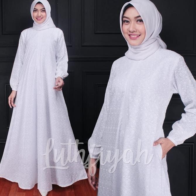 Gamis Katun Jepang Model Klok Setengah Payung Putih Bersih Dan Hitam Katun Poliester Polos Bunga Hit