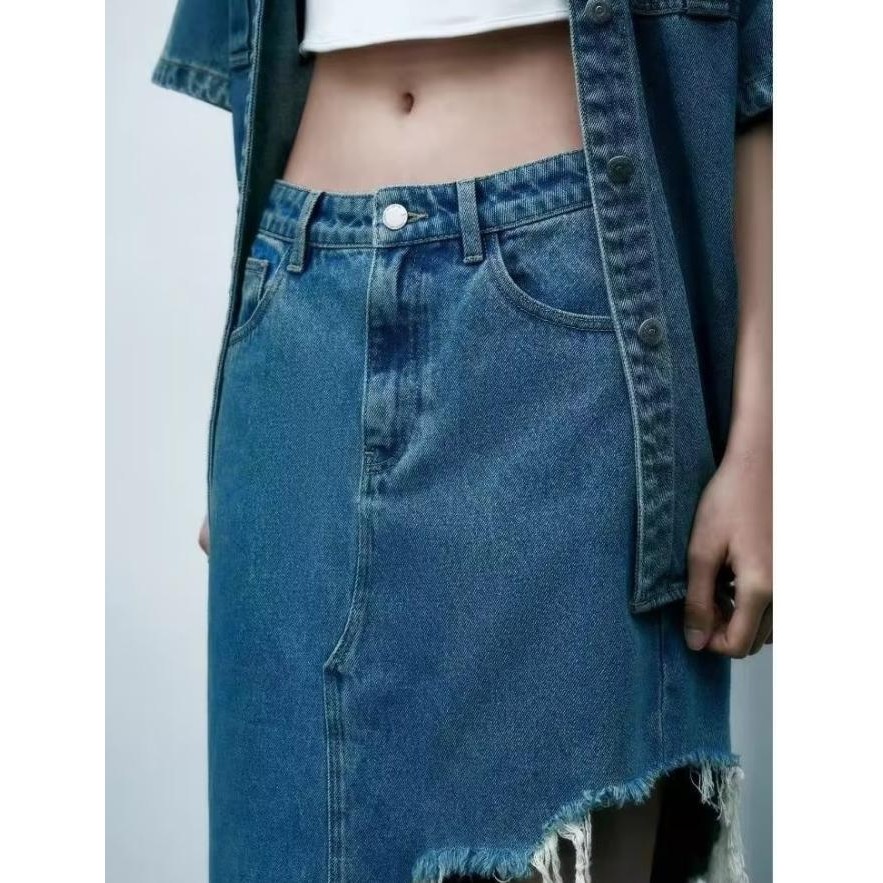 Ab373173 Rok Panjang Midi Skirt Denim Ripped Jeans Asimetris Wanita Korea Import Ladyykooh99