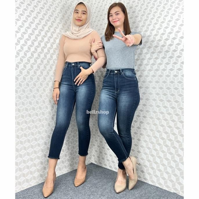 Promo Celana Jeans Highwaist Wanita 7 9 Stretch Washed Rawis Jumbo Diora COD
