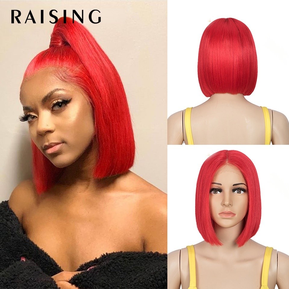 Wig Renda Sintetis Lurus Pengangkat Mode Bob Ombre Pendek Ungu Merah Merah Muda untuk Cosplay Wanita