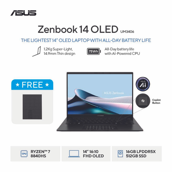 Asus Zenbook 14 Um3406Ha Oled Ryzen 7-8840Hs 16Gb 512Gb W11 14" Wuxga