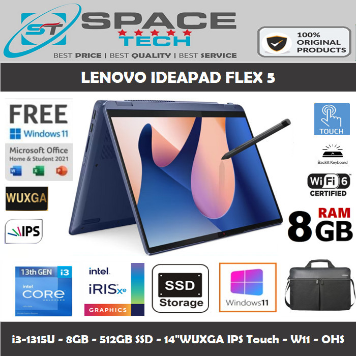 Lenovo Ideapad Flex 5 I3-1315U 8Gb 512Gb Ssd 14"Wuxga Touch W11 Ohs