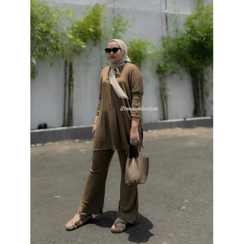 Dena Rebeca Setelan Tunik Rib Knit Celana Cutbray Atasan Panjang Lengan Kancing Nyaman