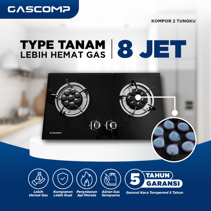 CO GASCOMP Kompor Tanam Kaca 8 JET Kompor Gas 2 Tungku 8 JET Spesial Kompor Tanam Burner Lebih Hemat