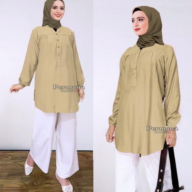 terbaru baju atasan blouse wanita kemeja lengan panjang cream tua jumbo