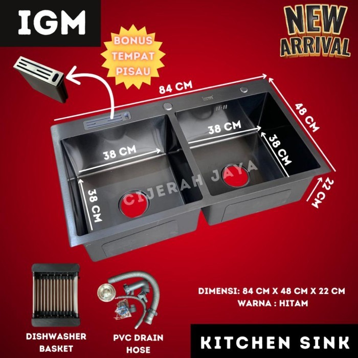 KITCHEN SINK MINIMALIS HITAM 2 LUBANG BAK CUCI PIRING IGM BLACK BCP