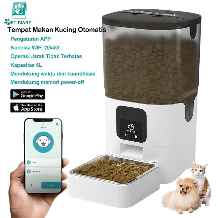 TERBARU Tempat Makan Kucing Otomatis Timer 6L Pengaturan APP Feeder Anjing Otomatis Dispenser