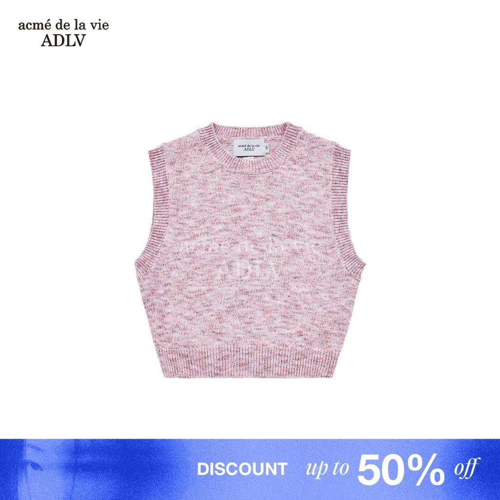 [ADLV] Symbol Logo Multi Color Crop Knit Vest Pink - Baju Rajut semi-crop Fit Wanita acme de la vie