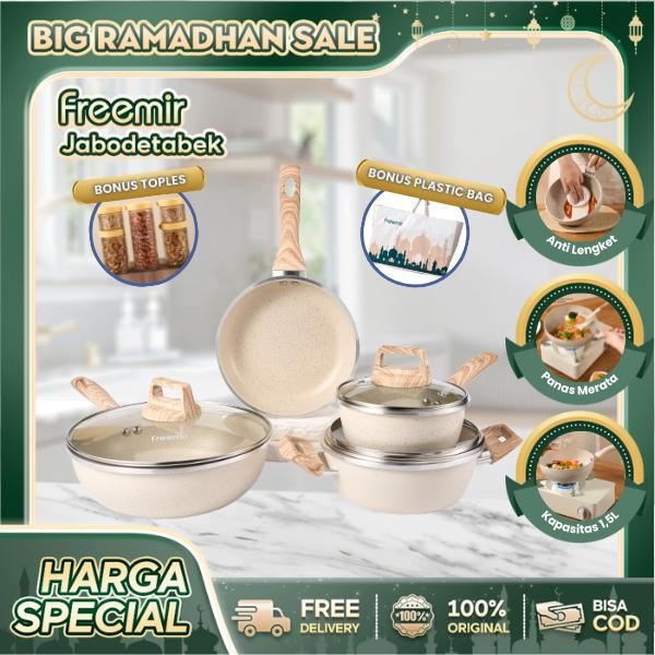 

[MEGA SALE] [BONUS TOPLES] freemir Set Hampers Lebaran 4 Pcs Wajan Beige 26/20/20/16cm+Toples Kaca 5