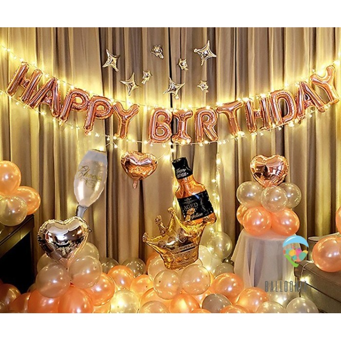LED Set Foil Balloon Happy Birthday Rose gold Balon Dekorasi Ultah