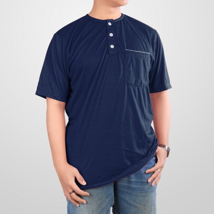 BAJU KAOS KOKO KURTA PRIA DEWASA KANCING SAKU BAHAN COTTON NAVY