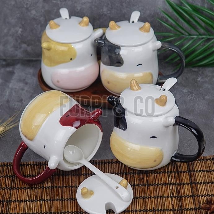 MUG KERAMIK SAPI COW SENDOK GELAS CERAMIC MINUM KOPI TEH PREMIUM IMPOR