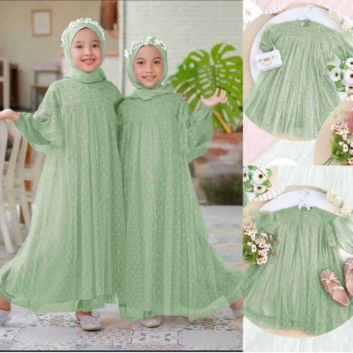 DRESS ANAK PEREMPUAN BABY BLUE TERBARU KEKINIAN PESTA POLOS MEWAH GAUN ANAK NENI GAMIS MUSLIM