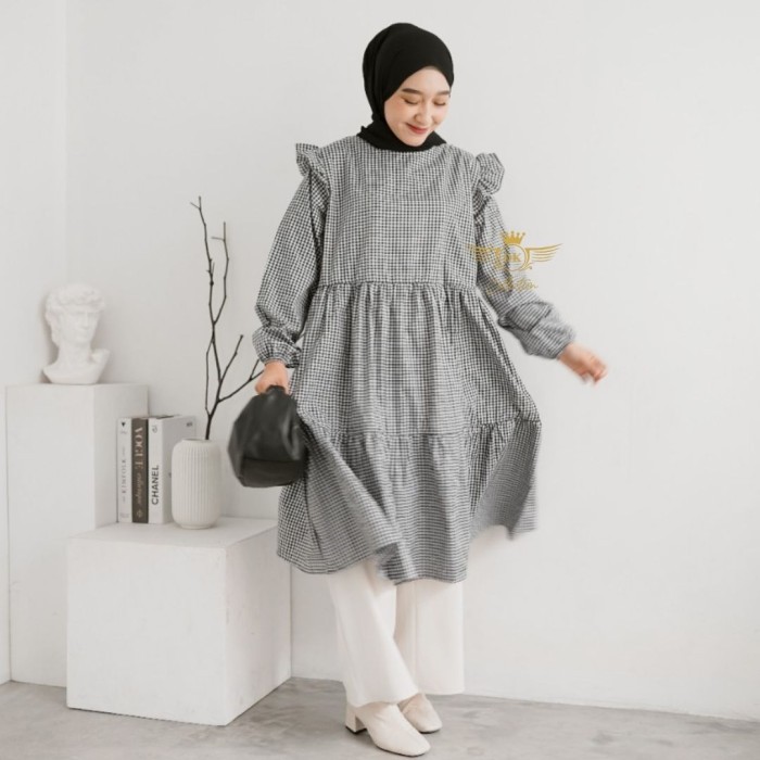ALUNA TUNIK - BAJU ATASAN MUSLIM MOTIF KOTAK MURAH - BLOUSE JUMBO BARU