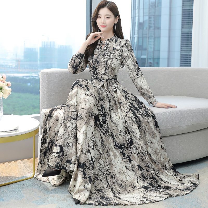 Long Sleeve Korean Style Dress Long Floral Elegant Long Dress