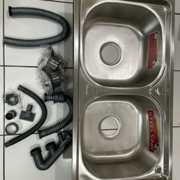 TERBARU BAK CUCI PIRING KINDAI STAINLESS WASTAFEL KITCHEN SINK 2 LUBANG