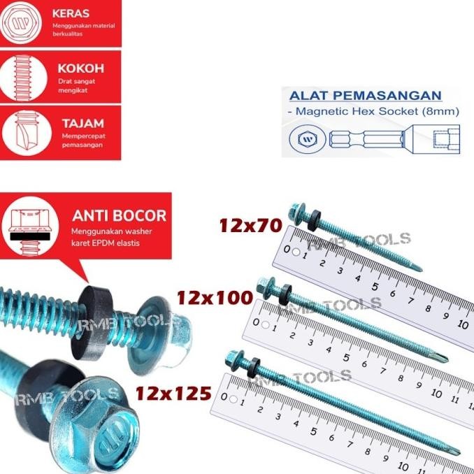 X1DUS SEKRUP BAUT ROOFING SDS PUTIH ATAP 12X125 BAJA RINGAN KEPALA HEX