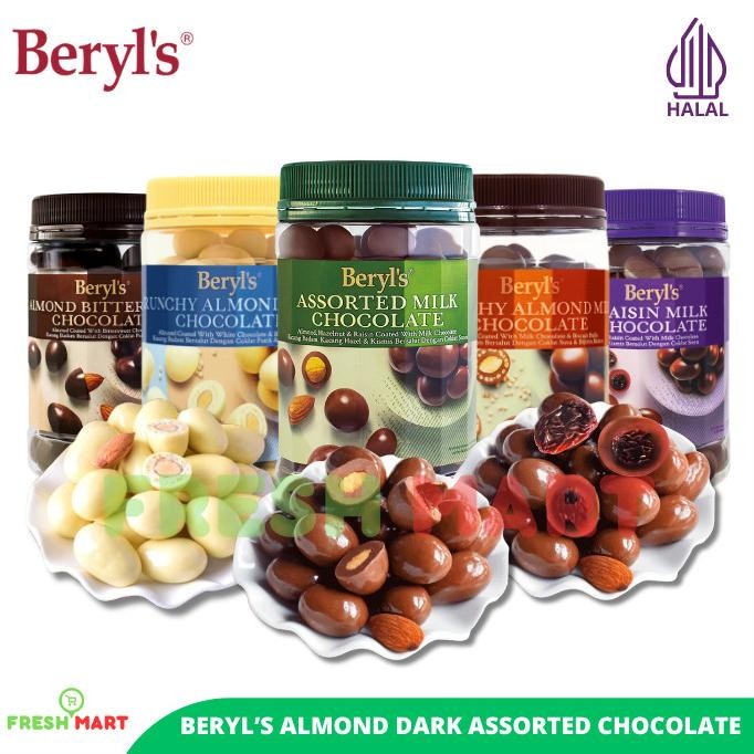 

Beryl's Crunchy Assorted Almond Green Tea Milk White Chocolate Halal Kemasan Jar 380gr & 450gr Berkualitas