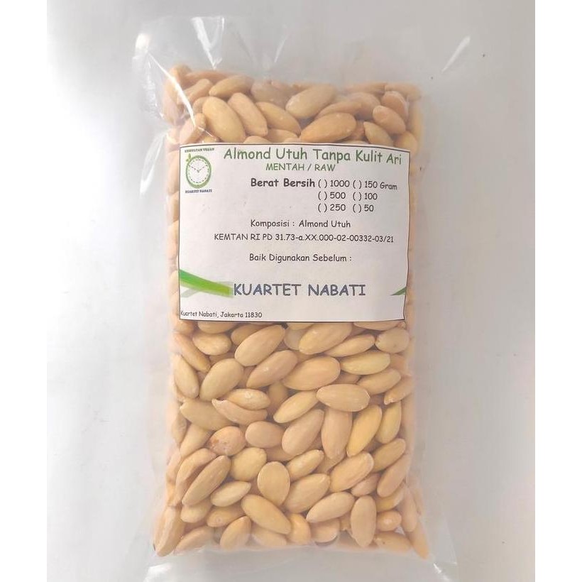 

1000gr Almond Utuh Mentah Tanpa Kulit Ari/ Raw Almond Whole Skinless Size Besar 27-30 Berkualitas