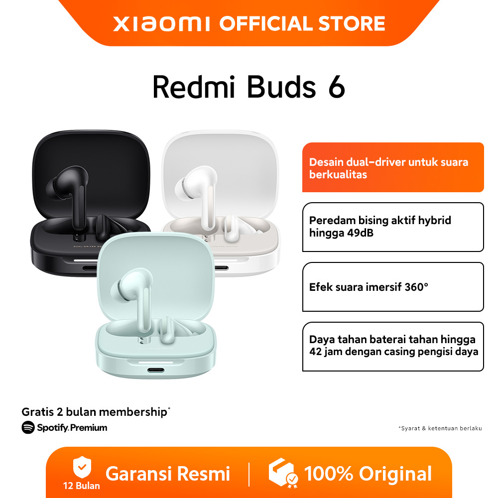 Xiaomi Redmi Buds 6 | Desain akustik dual-driver | Peredam bising hingga 49 dB | efek suara imersif 